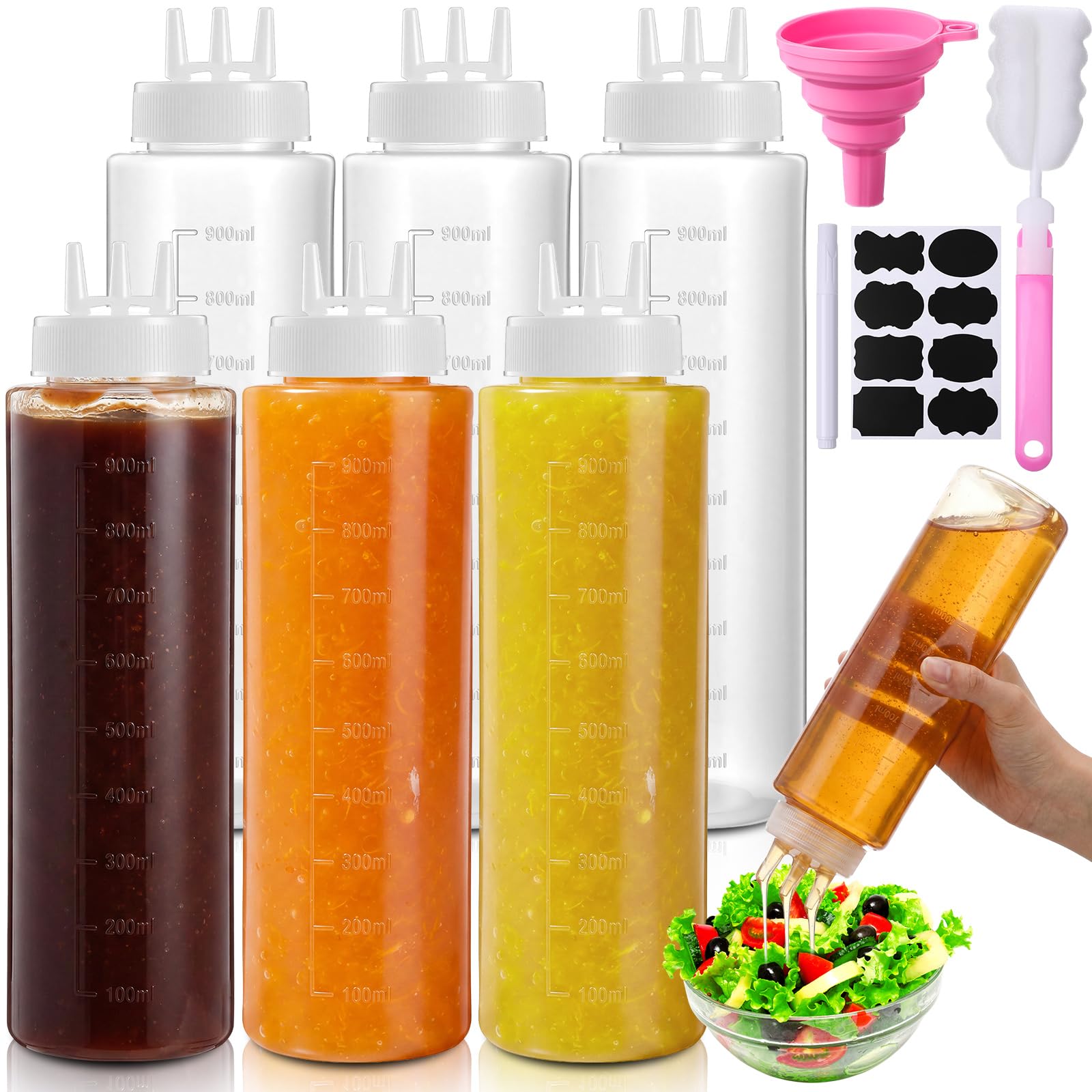 LemonRoad 6 Pcs 3 Hole Squeeze Bottles for Sauces Plastic Condiment Squeeze Bottles Tomato Sauce Ketchup Dispensers Salad Dressing Container Squirt for Oil BBQ Paint Pancake Craft (30 Oz/ 900 ml)
