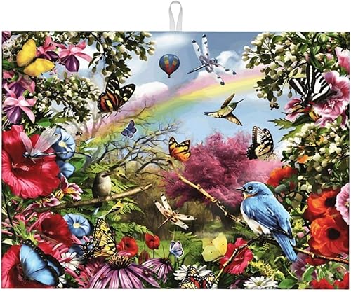 Tapete de secado de platos con diseño de flores de pájaro para encimera de cocina, extra grande, absorbente, microfibra de secado rápido, accesorios