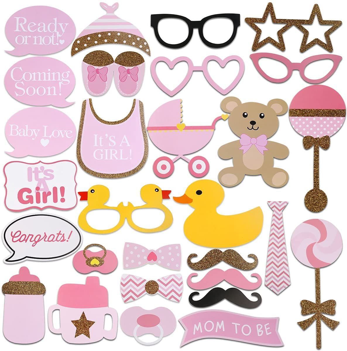 Hsc Women's Pink Baby Shower Decorations Baby Shower Props Girl Baby Shower Decorations, 30Pcs Baby Girl Photo Booth Props Set, Newborn Gender Reveal Party Supplies (Pink)