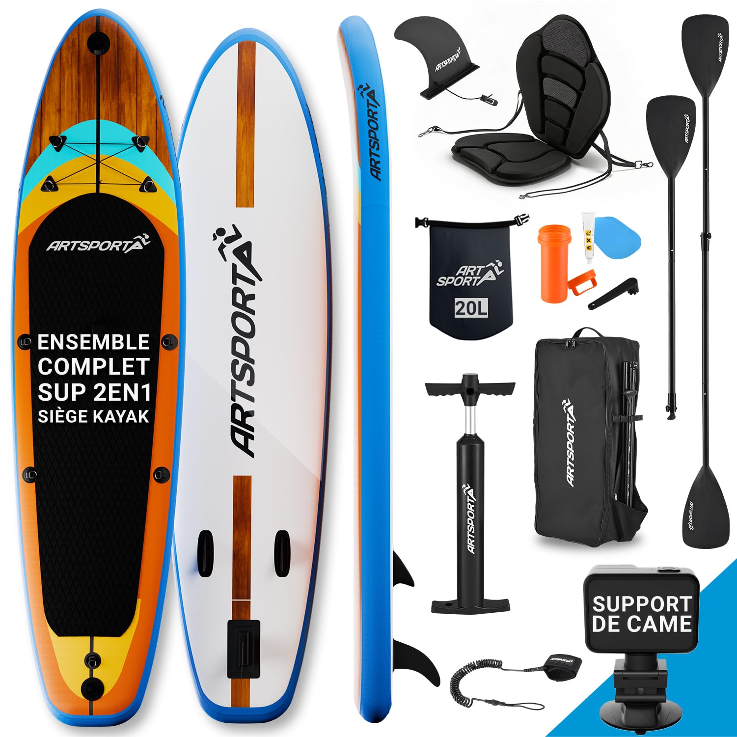 ArtSport Planche Paddle Gonflable 320 cm avec Siège Kayak, Support Caméra Action, Capacité 150 kg