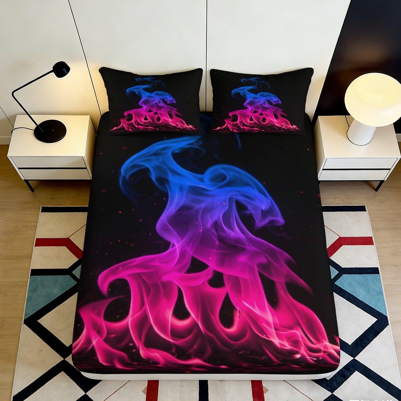 3D Printed Flame Fitted Sheet Microfiber Deep Pocket Bedroom Bedding Flame Mattress Fitted Cover Non-Slip Washable for Adults Teens 200x200x25cm