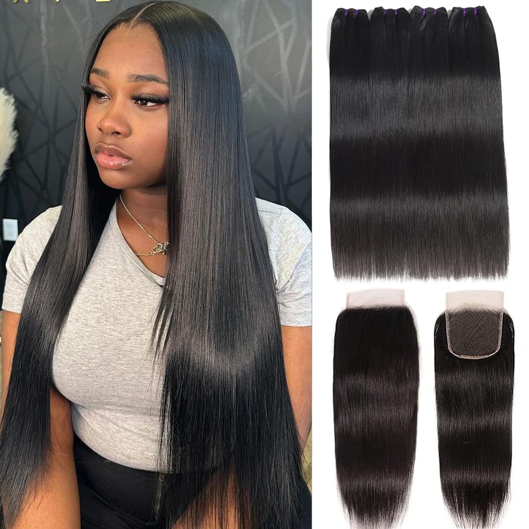 Vanlov Straight Bundles with Closure Human Hair 16 18 20 22+14 Brazilian Human Hair Bundles with 4x4 HD Closure Straight 100% Unprocessed Virgin Weave Hair Bundles with Closure for Women