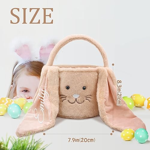 Miniatura 4 de Atiming Cesta de Pascua de felpa bordada con nombre personalizado para niños, cesta grande de caza de huevos de Pascua rosa con orejas largas de