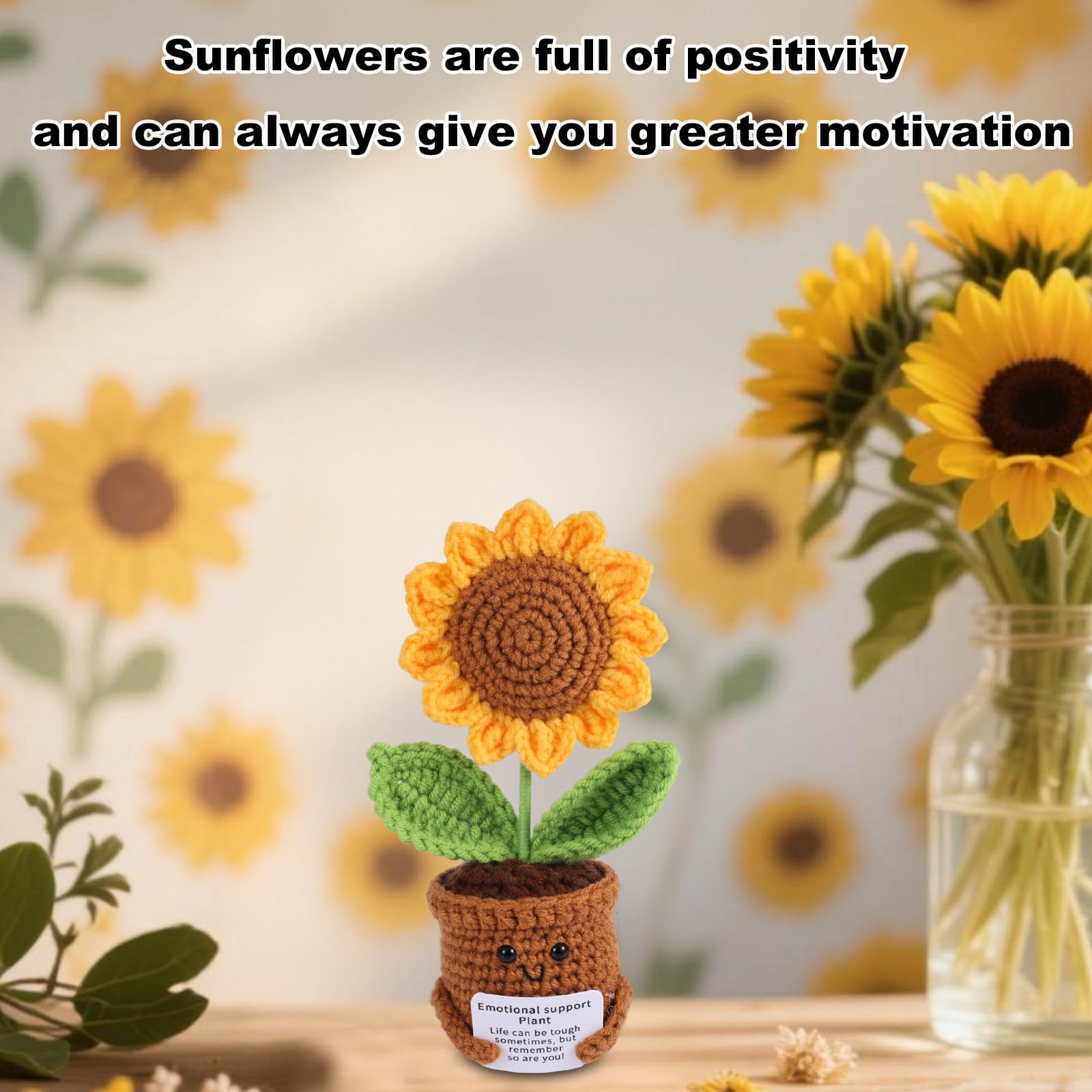 Streysisl Fiori a maglia, girasole all'uncinetto, piante in vaso all'uncinetto, pianta in vaso di girasole, realizzata a mano, pianta in vaso per