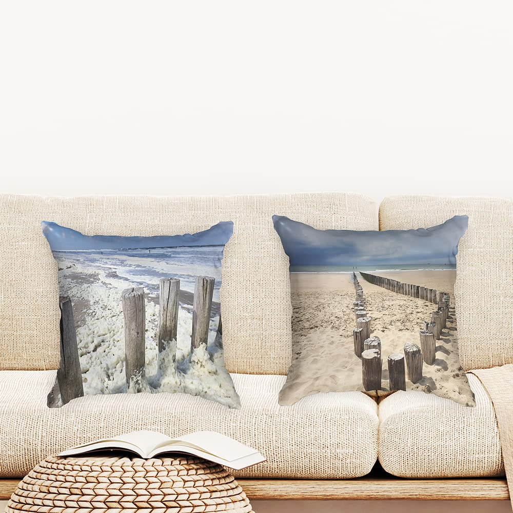 Ulticool, Cushion Cover, Beach Coast Netherlands, Set of 2 Designs, 45 cm x 45 cm, Decorative Cushion without Filling