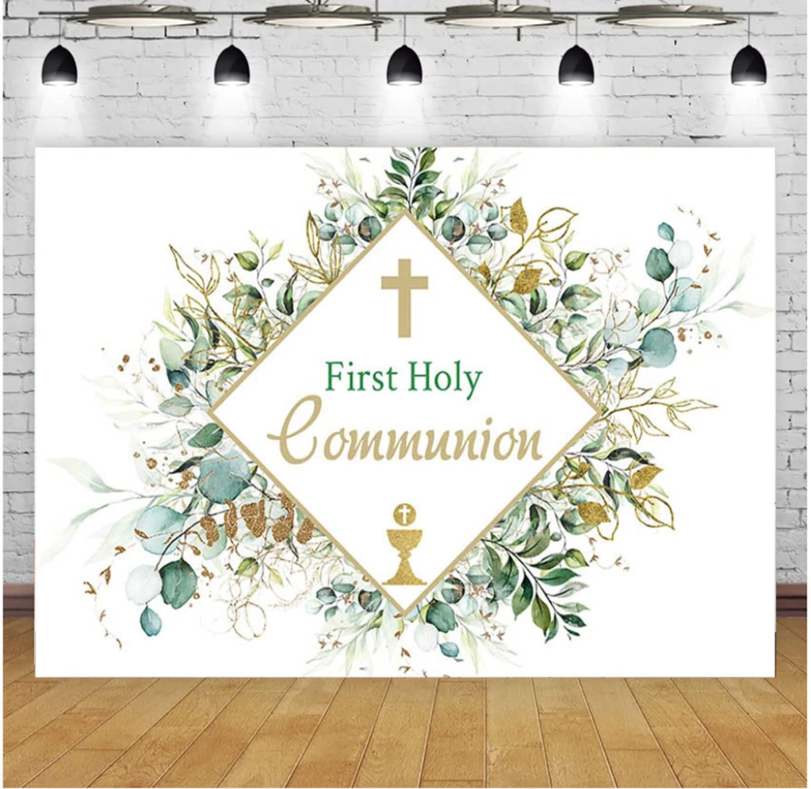 First Communion Green Leaves Decorative Backdrop Curtain Green Plant God Bless Baptism Photography Background Studio Props Vinyl (8ft×6ft)