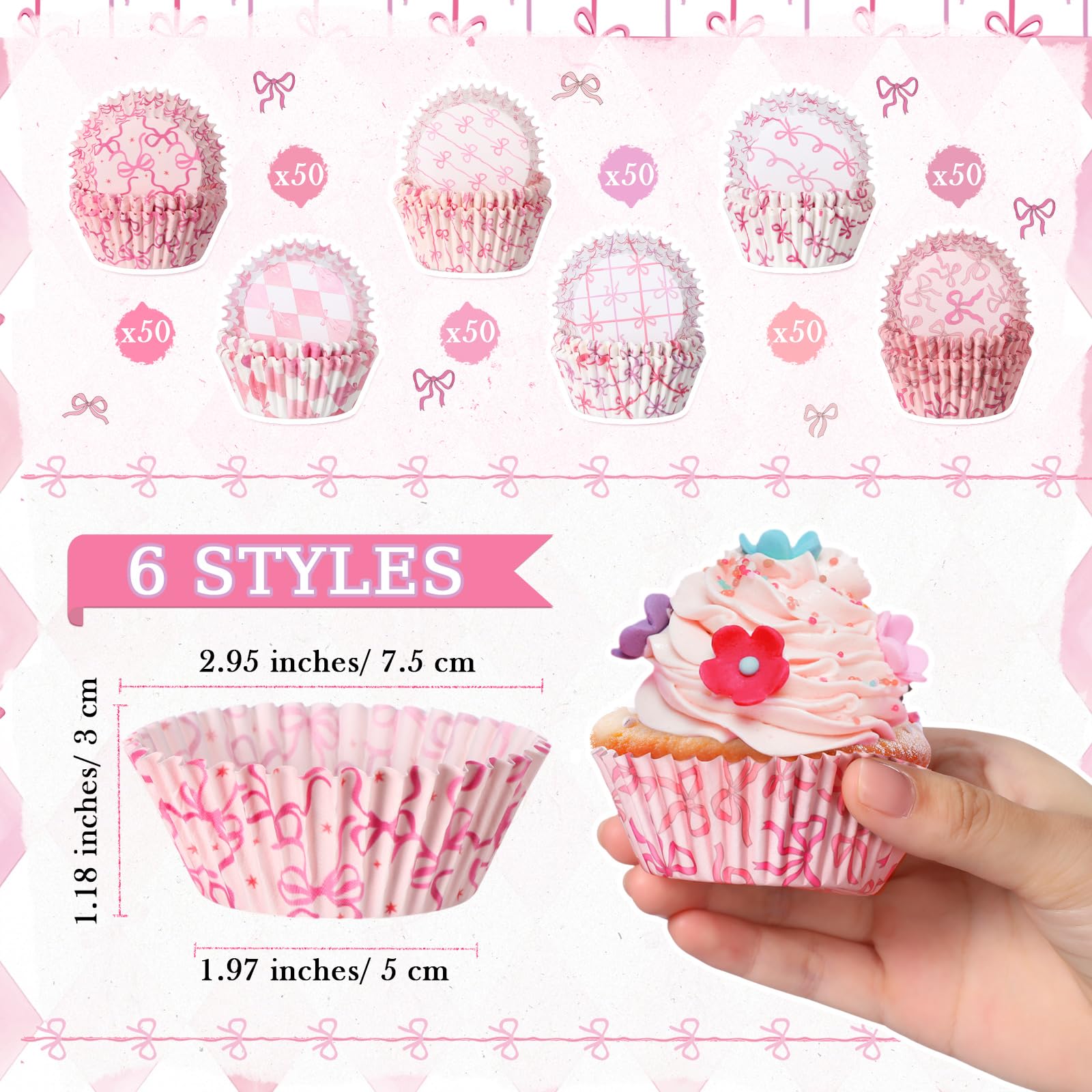 Reallnaive 300 Pcs Coquette Bow Party Cupcake Liner Favors Baking Cups Paper Bowknot Cupcake Muffin Wrappers Preppy Gift for Women Birthday Bridal Baby Shower Graduation Party Decor(Pink,Bow)