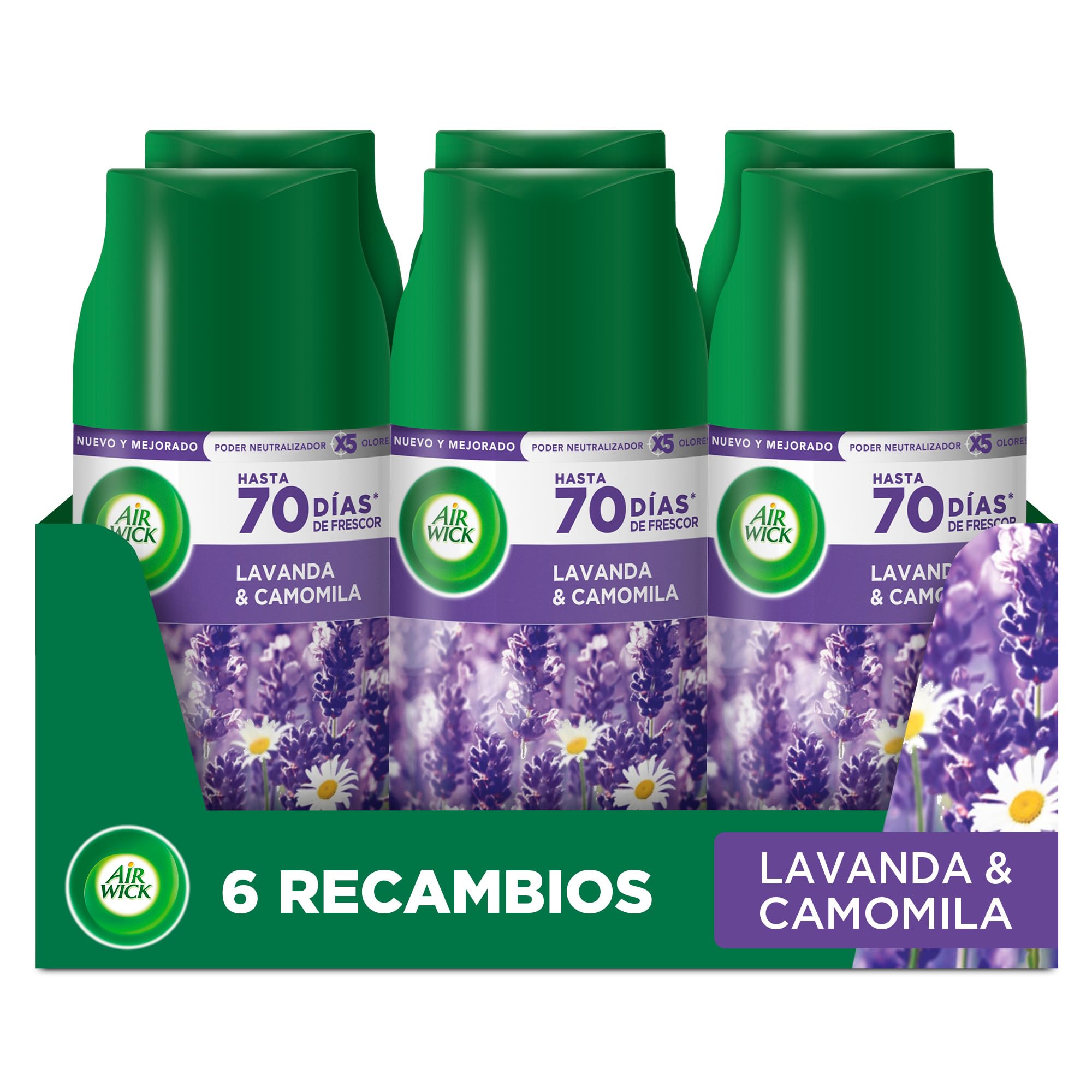 Air Wick Freshmatic - Recambio de ambientador spray automático, esencia para casa con aroma Ambientador de Recambio Pradera Purpura de Lavanda - 6 x 250 ml