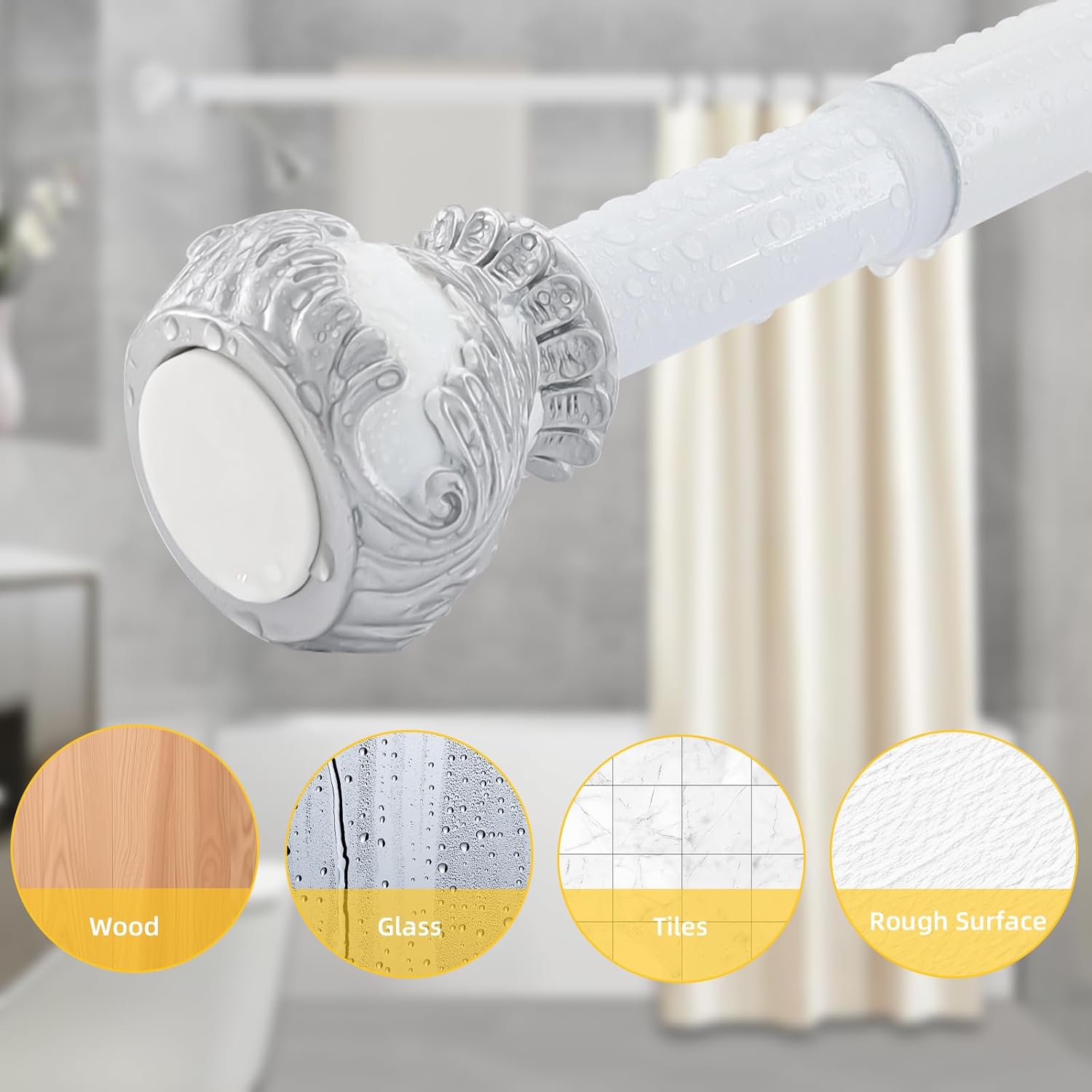 Size 33-65 Color White Shower Curtain Rods,1 Inch Adjustable Curtain Rod, Spring Tesion White Leaf Vintage Decorative Shower Curtain Rod, Anti-Slip Telescoping Curtain Rod for Bathroom Window Living Room (33in-65in)