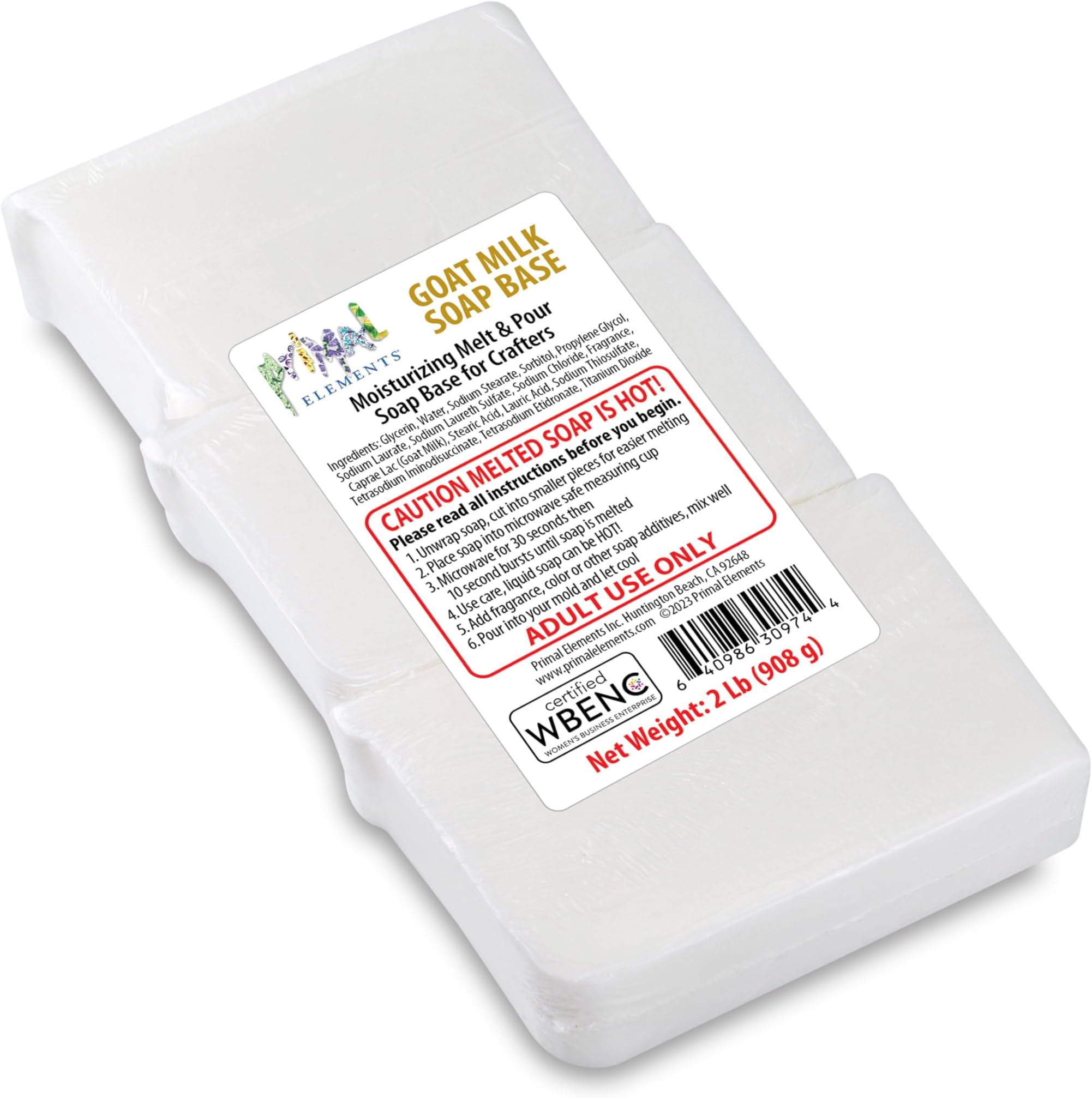 Primal Elements Goat Milk Soap Base - Moisturizing Melt and Pour Glycerin Soap Base for Crafting and Soap Making, Easy to Cut - 2 Pound