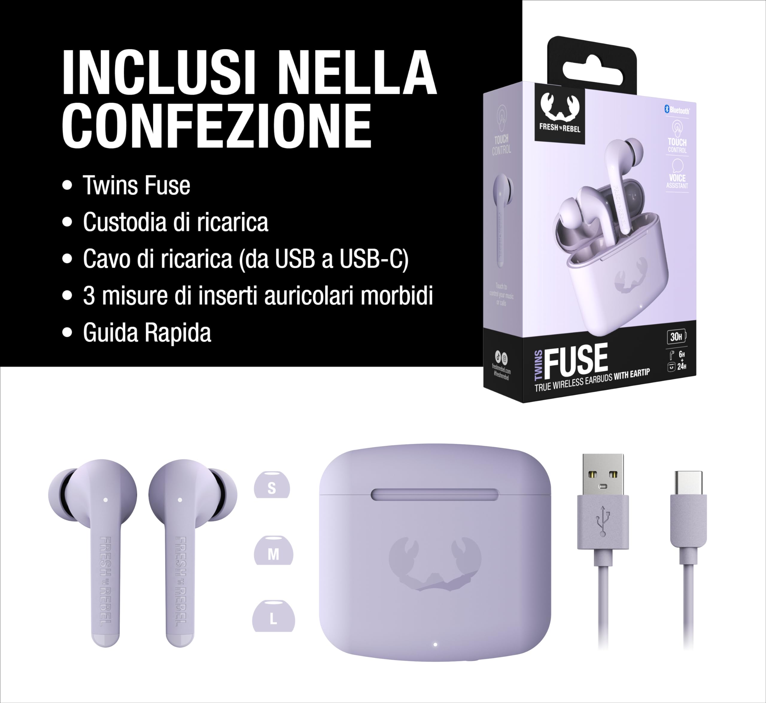 Fresh 'n Rebel Twins Fuse, True Wireless Auricolare Bluetooth con punta, assistente vocale, controllo touch e microfono incorporato, tempo di riproduzione 30 ore (Dreamy Lilac)