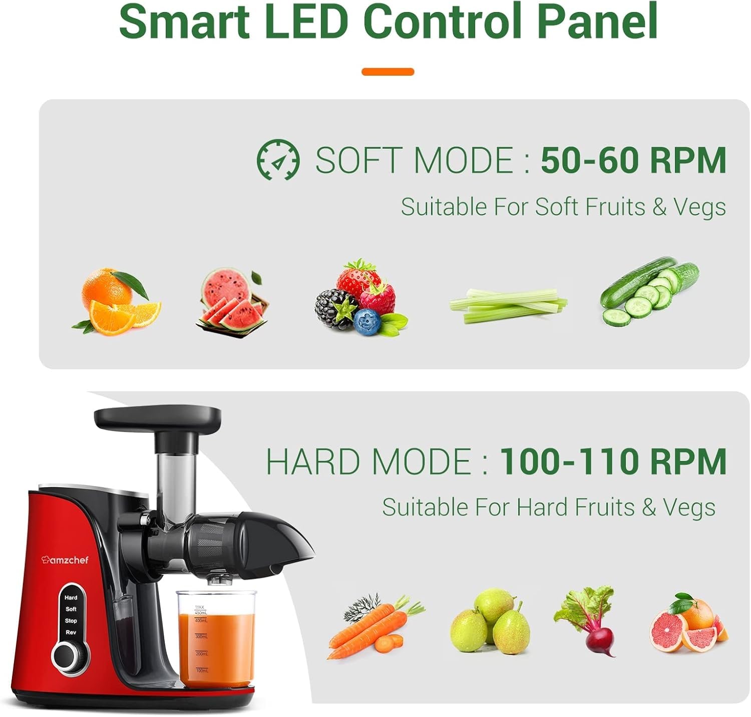 AMZCHEF Spremiagrumi frutta e verdura con 2 modalità di velocità – Slow Juicer con bottiglia portatile e 2 tazze – Senza BPA Cold Press Juicer con LED intelligente e funzione di inversione – Rosso