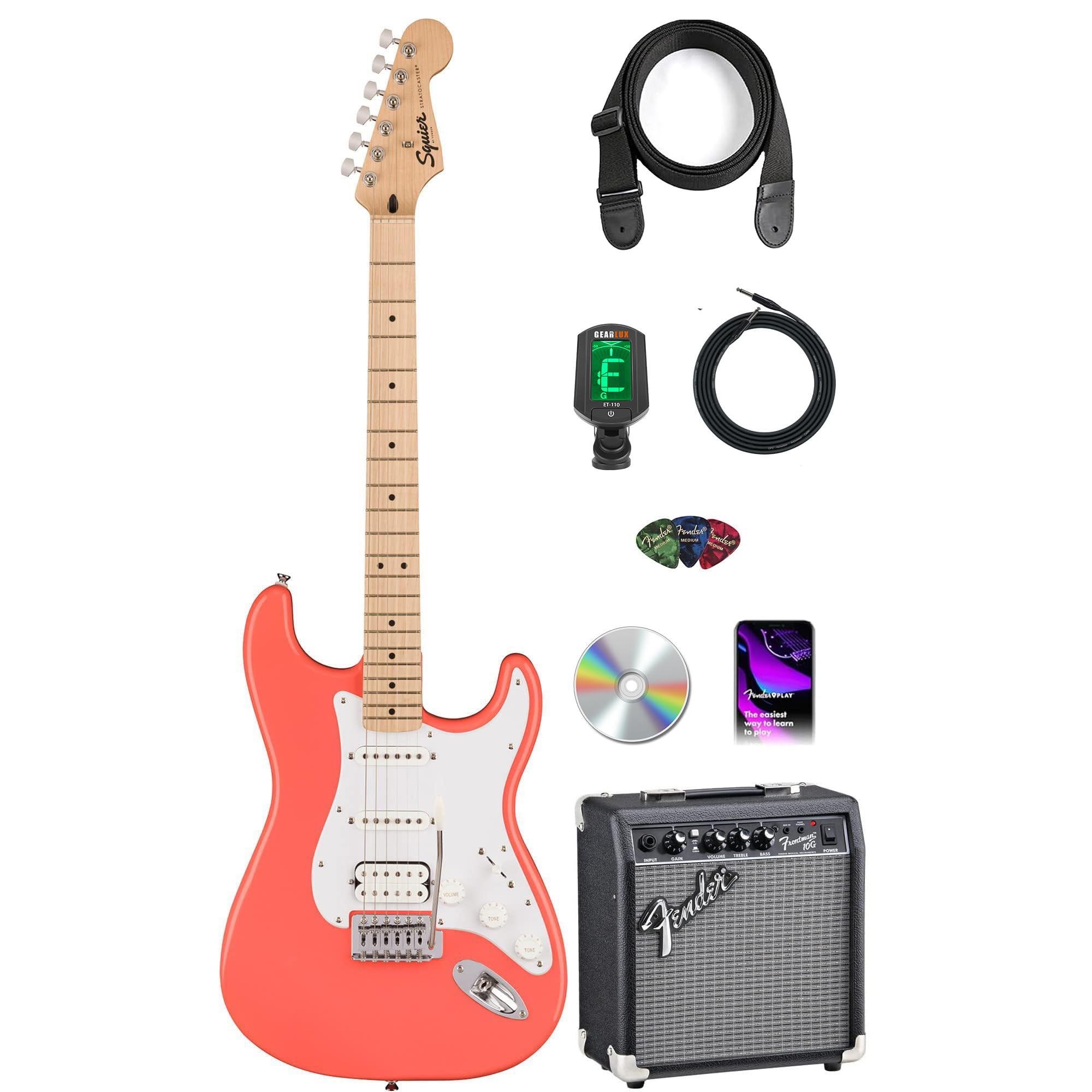 Fender Squier Sonic Stratocaster HSS - Tahitian Coral Bundle with Frontman 10G Amp, Tuner, Strap, Cable, Picks, and Austin Bazaar Guitar DVD