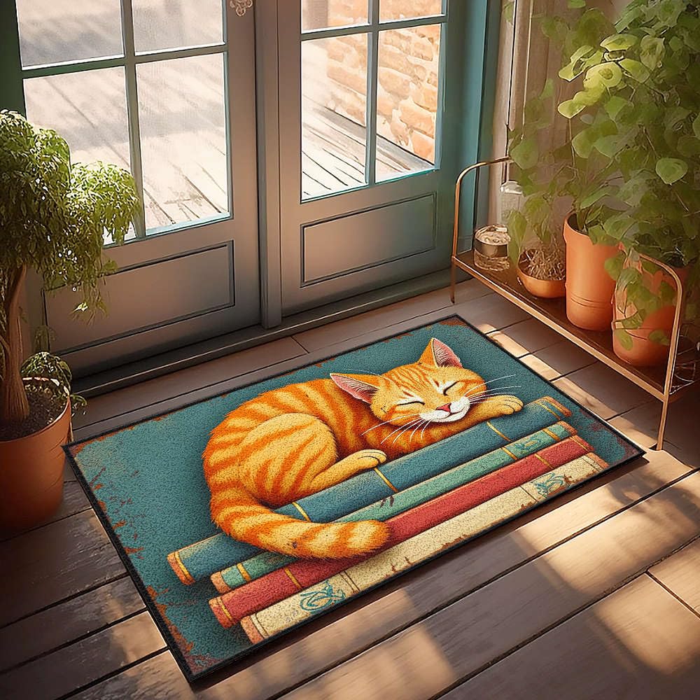 Paillasson chat sieste sur livres pour entrée et terrasse accueillante 65x90 cm
