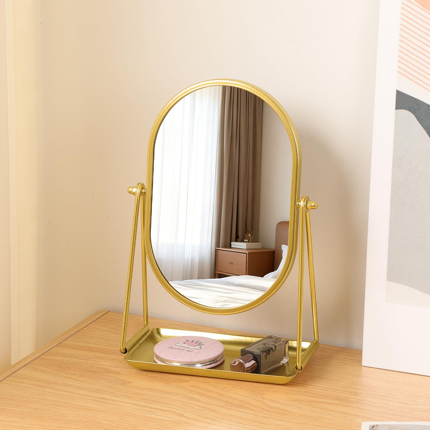 Miroir de coiffeuse ovale doré avec plateau rotatif à 360° réglable en métal pour table de robe, salon, chambre, bureau, salle de bain
