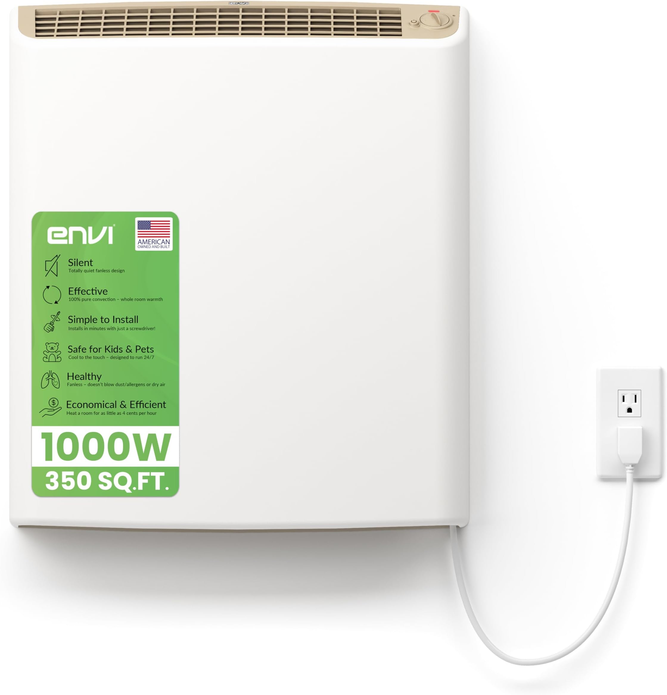 EnviMAX Plug-in Electric Panel Wall Heaters for Large Rooms, 1000 Watts, 24/7 Heating w/Safety Sensor Protection, Patented Quiet Fan-less Design, Easy 2-Min Install, Indoor Space Heater, Made in USA