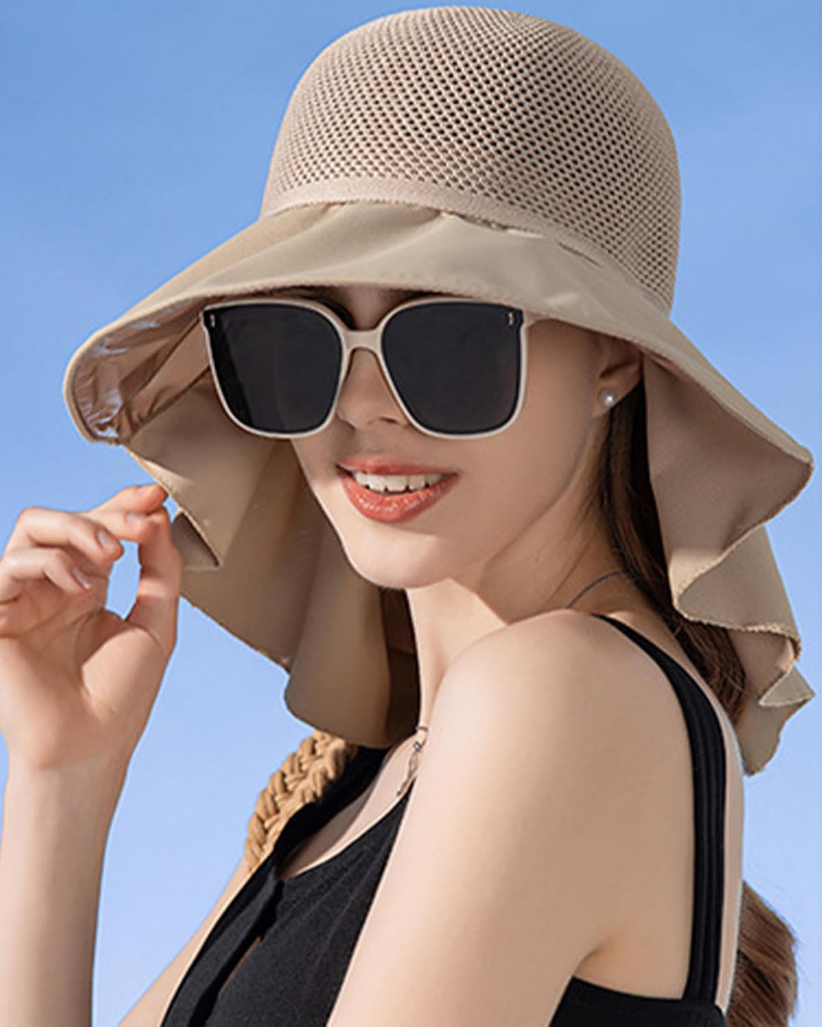 Women Sun Hat with Neck Flap Adjustable Chin Strap Breathable Mesh Top | Double Sun-Proof Water Repellent Wide Brim, UPF 50+ UV-Protection, 8.3" Neck Cover, Beach Hiking Fishing Gardening thumbnail