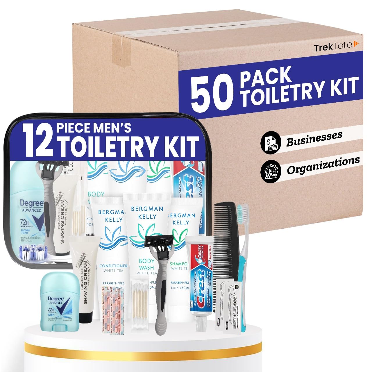 Trektote Bulk Hygiene Kit For Men  (50 Pack) 12 Piece Set Of Travel Size Toiletries, TSA Compliant, Bulk Travel Essentials, Includes Shampoo And Conditioner, Body Wash, Toiletry Bag & More