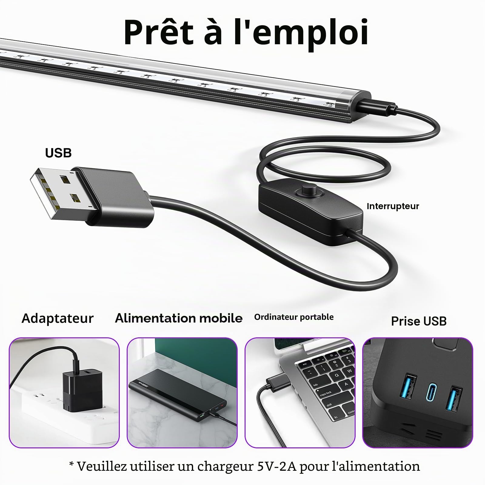 Onforu 10W tube de lumière noire, USB 28cm UV lampe, 385-400nm lumière UV, LED Bar pour discothèque, club, glow party, accessoires de fête, décoration d'Halloween, 2er