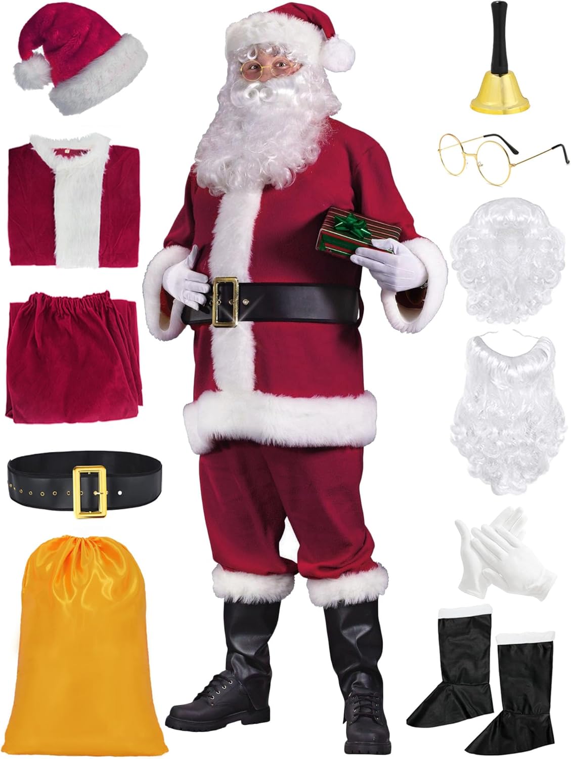ziw 11pcs santa claus costume for men deluxe adults santa suit christmas xmas santa outfit wine red medium