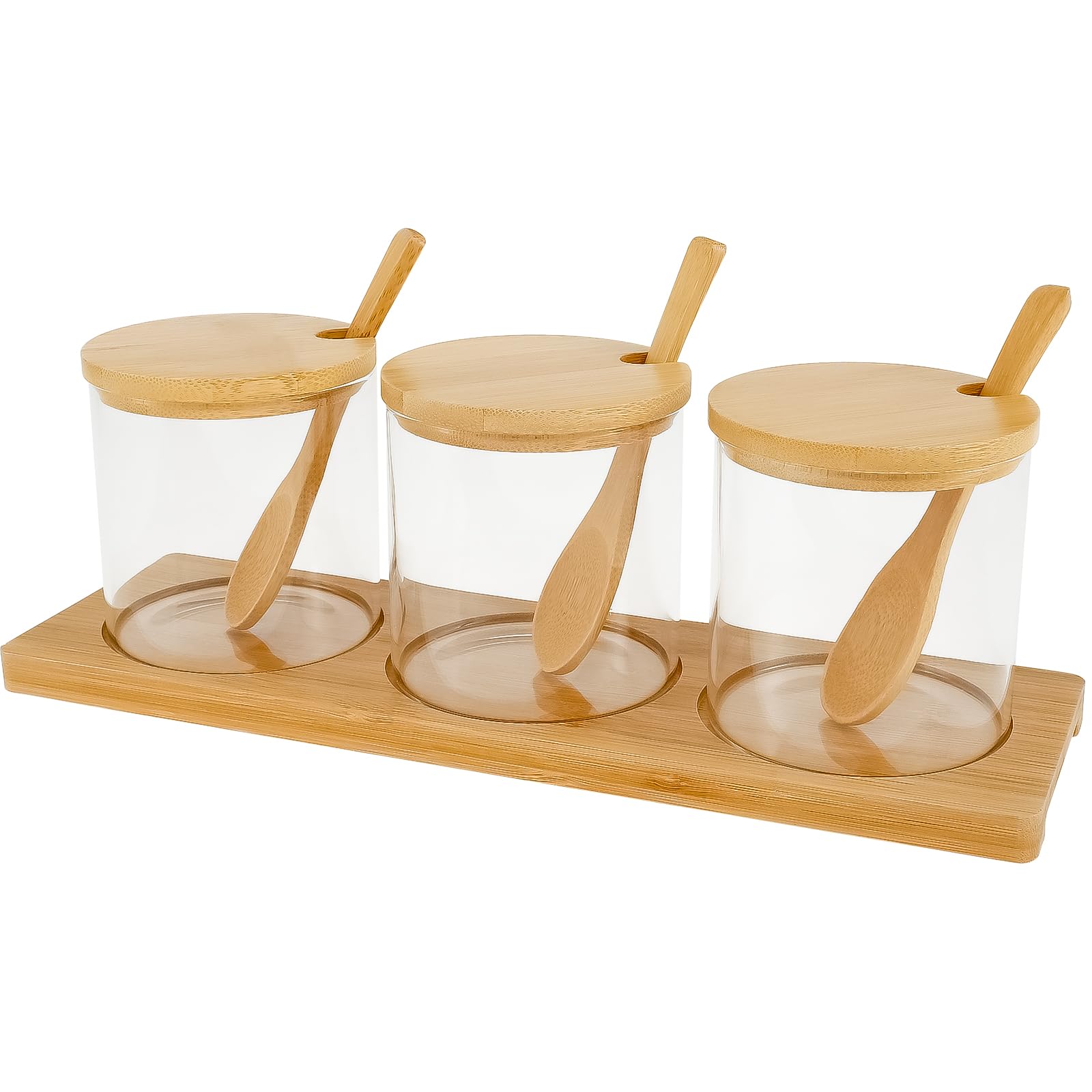 Juego de 3 tarros de condimentos de vidrio transparente con tapas, cucharas y bandeja de bambú, contenedor de especias a prueba de polvo, recipiente multiusos para condimentos para sal, azúcar