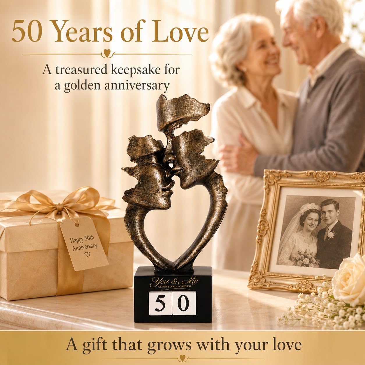 XMGZQ Jahrestagsgeschenke für Ehemann und Ehefrau: Kunstskulptur eines küssenden Paares mit manuellem Jahreszähler (0–99 Jahre), Countdown-Kalenderstatue zum Hochzeitstag (Bronze, 25cm)
