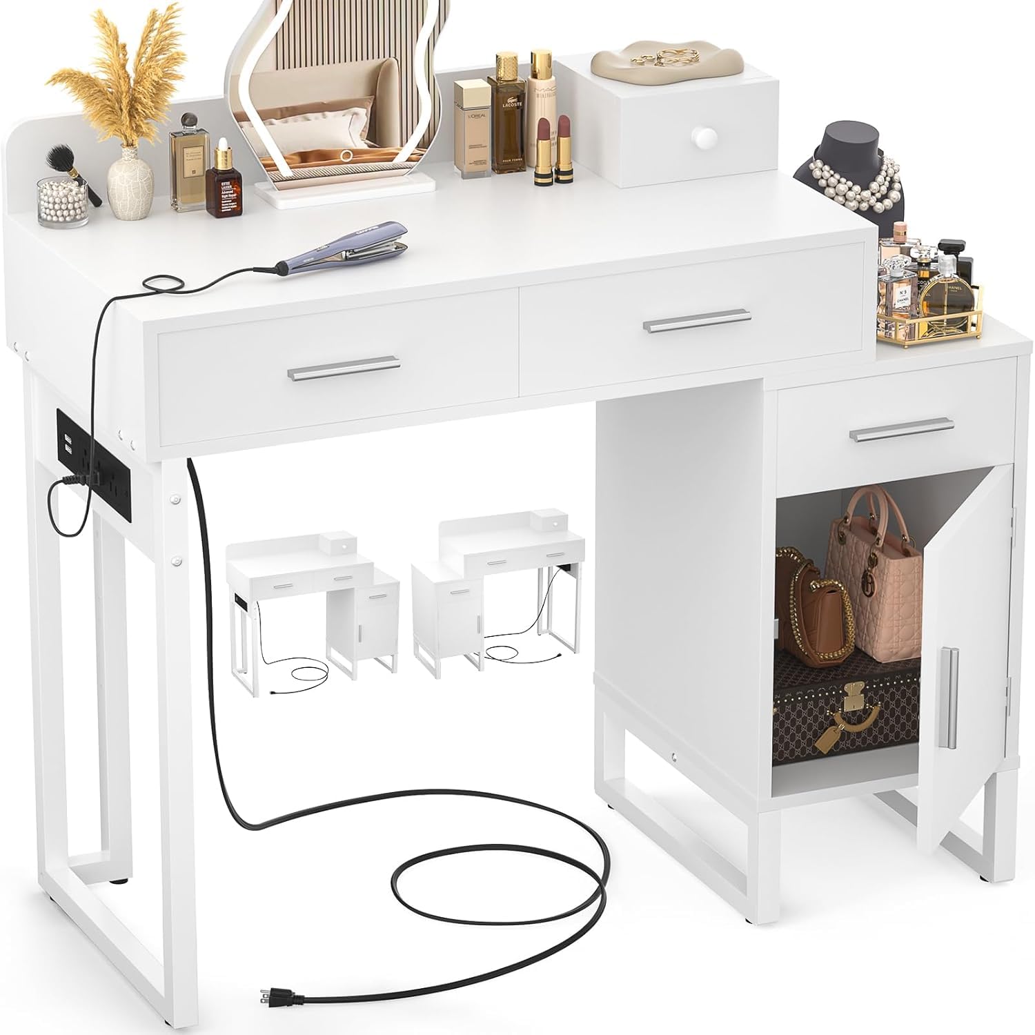 HOMCOM Kaptafel, Makeup-Tafel met Grote Spiegel, 4 Laden, 3 Open Vakken, 2 Kasten, MDF, Wit