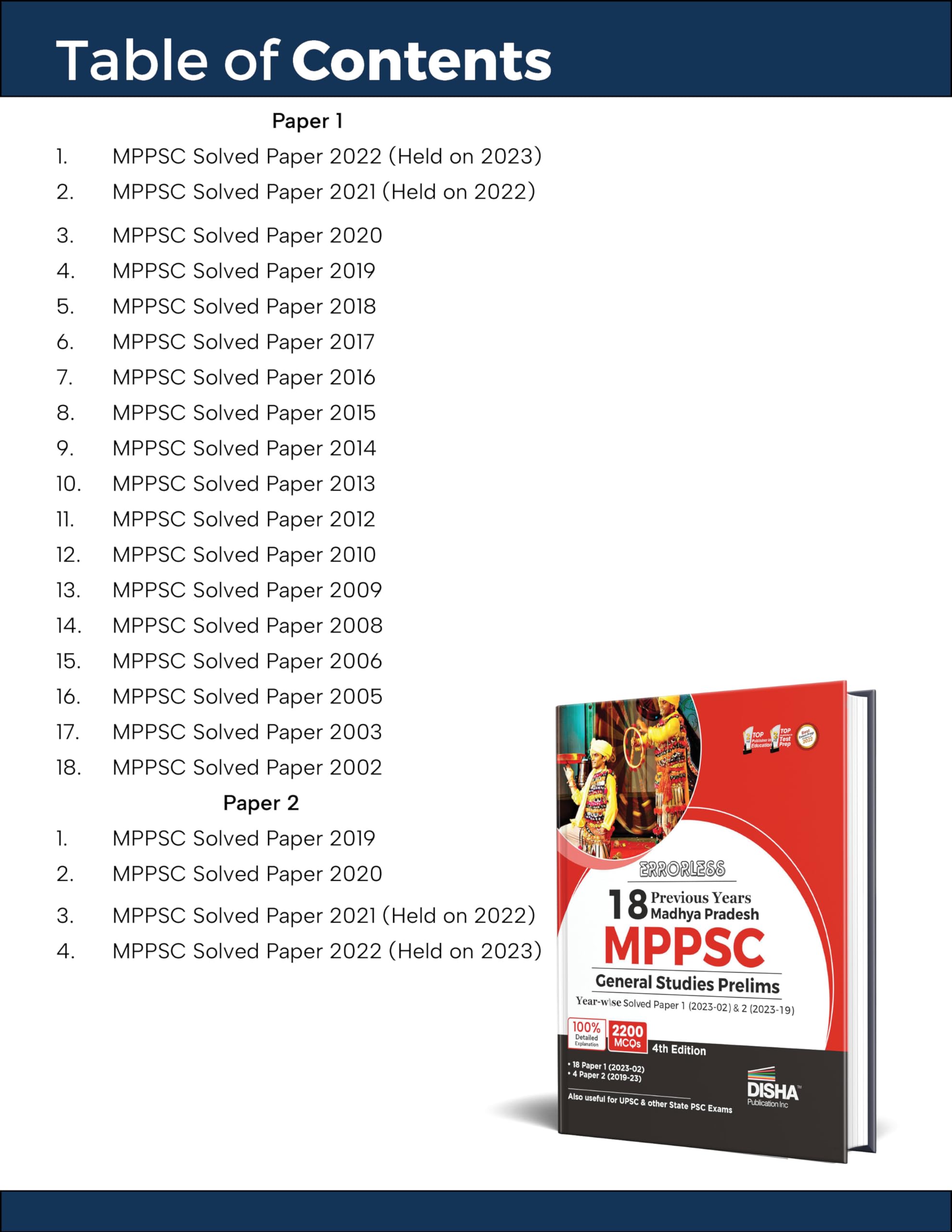 Errorless 18 Previous Years Madhya Pradesh MPPSC General Studies Prelims Year-wise Solved Papers 1 ( 2023 - 2002) & 2 (2023 - 19) 4th Edition 1