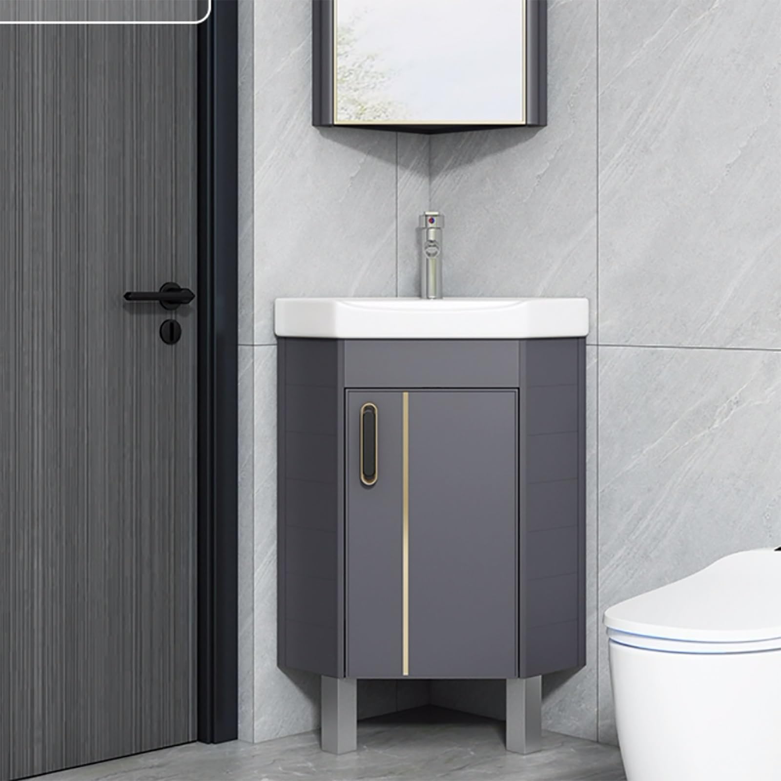 Lavabo de baño esquinero que ahorra espacio, tocador montado en el suelo con almacenamiento, perfecto para baños pequeños y balcones (15in / 38 cm), diseño elegante y funcional