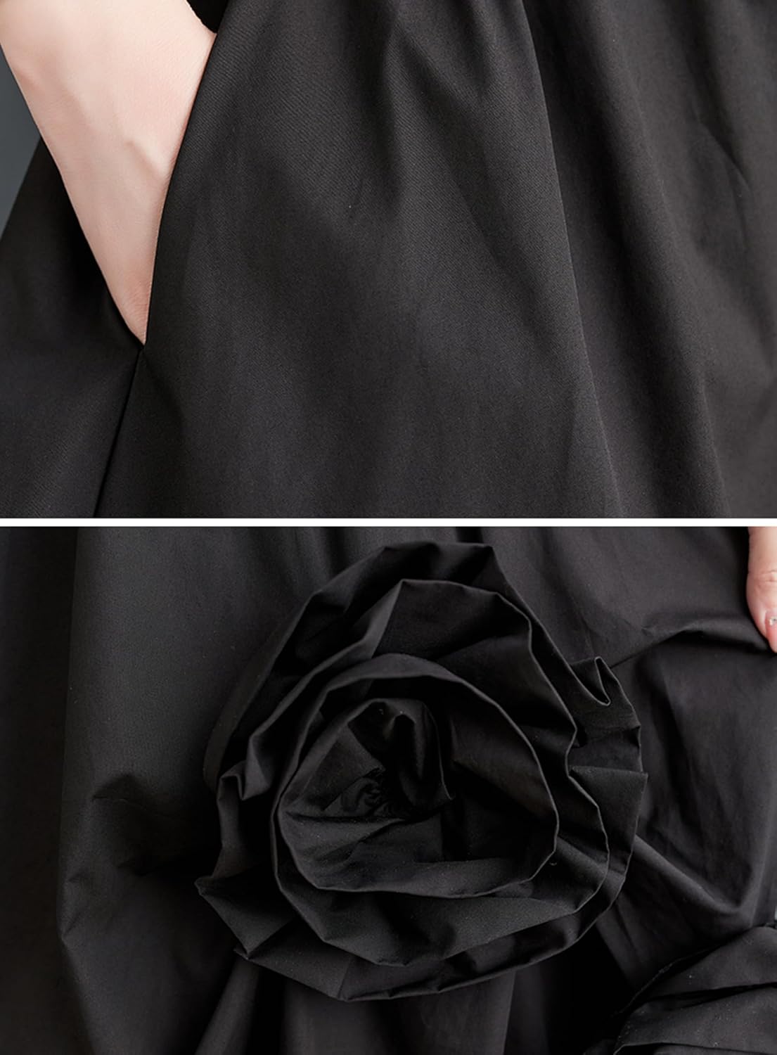 Black Midi Long Skirt for Women Elastic Waist 3D Floral Pleated Asymmetrical Hem Casual Skirt with Pockets