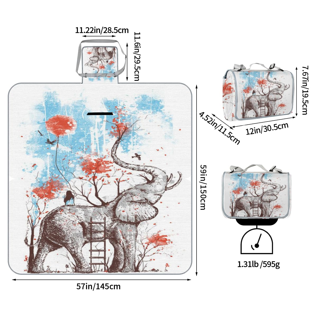 Shimoshe Picnic Blankets 57”x 59”, Art Painting Elephant Waterproof Sandproof Picnic Mat Lightweight Foldable Beach Blanket for Camping Park Grass Beach Outdoor Blanket