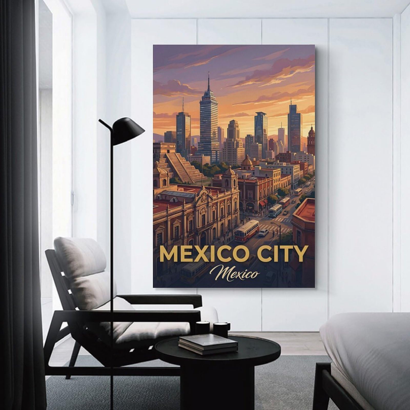 Junmoney Mexico City Skyline at Sunset Canvas Wall Decor 24x36inch(60x90cm), for Home Lounge, Bedroom Or Reading Nook, A Home Accent with Warm Character