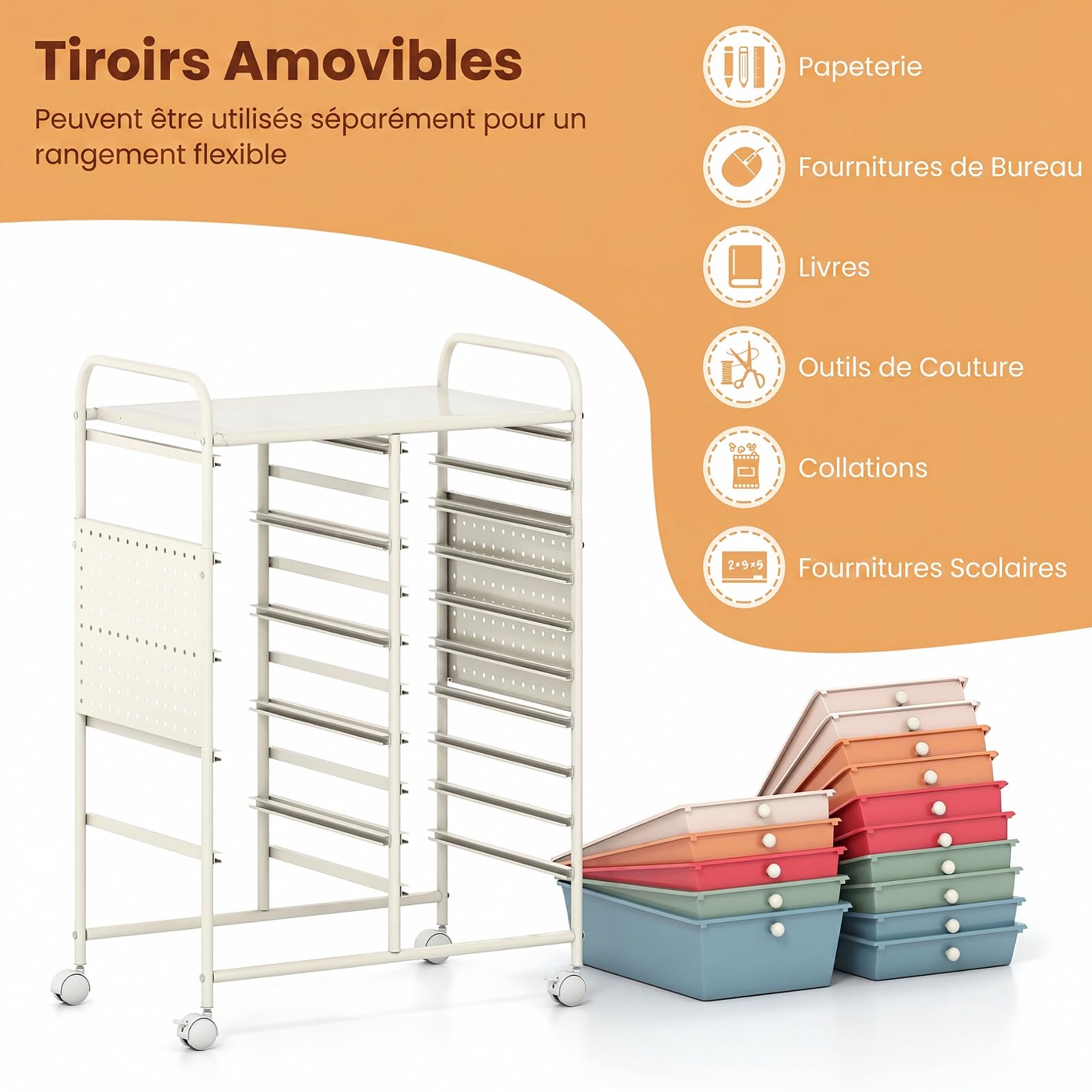 COSTWAY Chariot de Rangement à roulettes 15 Tiroirs en PP, Panneaux Perforée&Plateau, Tour de Rangement en Métal, 2 Roues Verrouillables, Desserte Roulette pour Salon Bureau (Coloré)