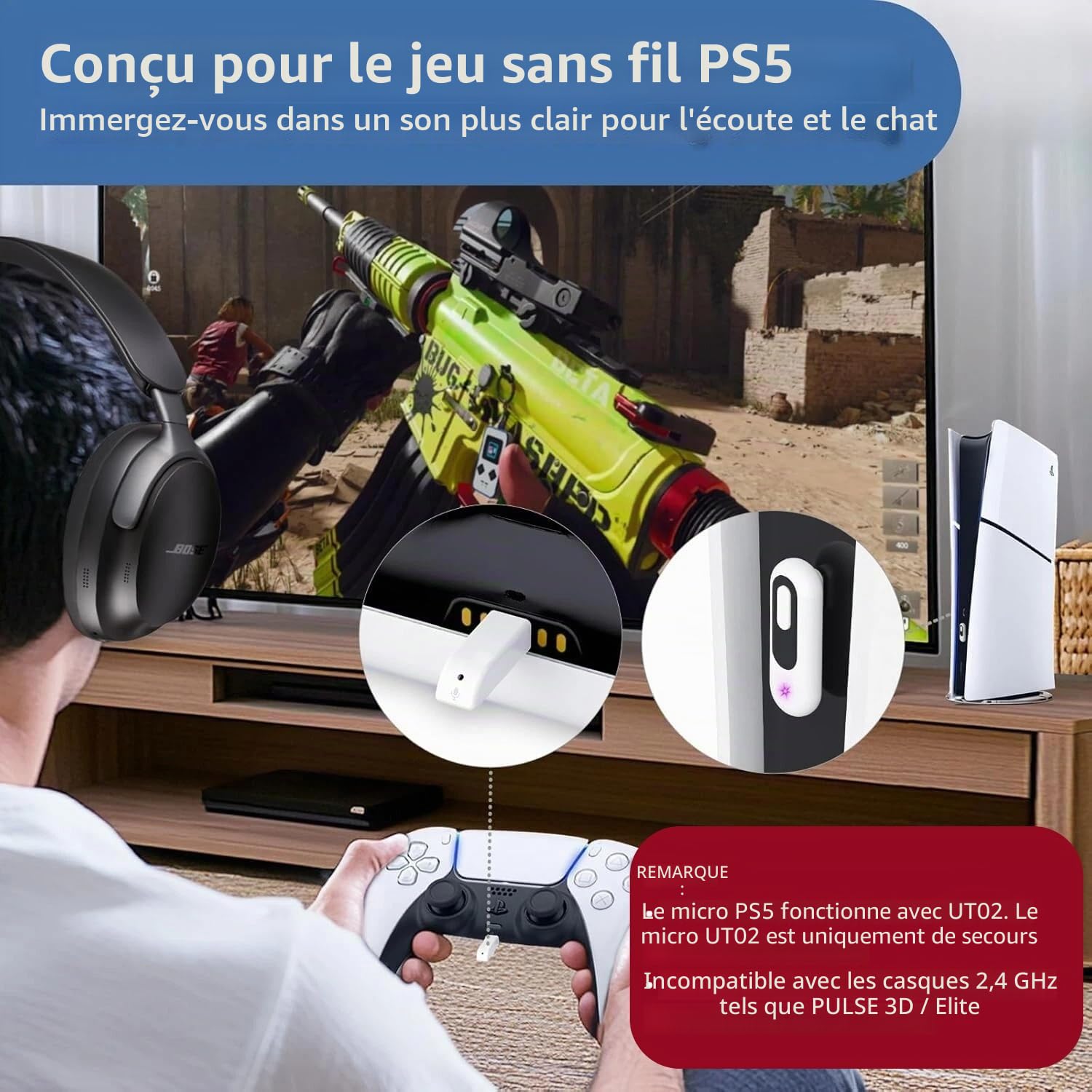 Adaptateur Bluetooth USB-C pour PS5, adaptateur audio Bluetooth USB-A 2 en 1 pour PS5 avec aptX-Adaptive et faible latence, émetteur audio sans fil pour connecter des écouteurs Bluetooth et