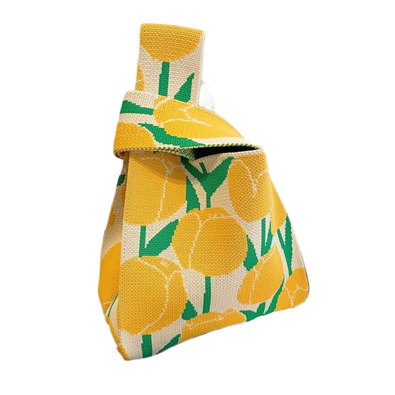LNNXSZ Women's Crochet Wrist Bag Tulip Print Knit Handbag Women Tote Bag Knot Wrist Bag Handmade Shoulder Bag Reusable Shopping Bags(Yellow)