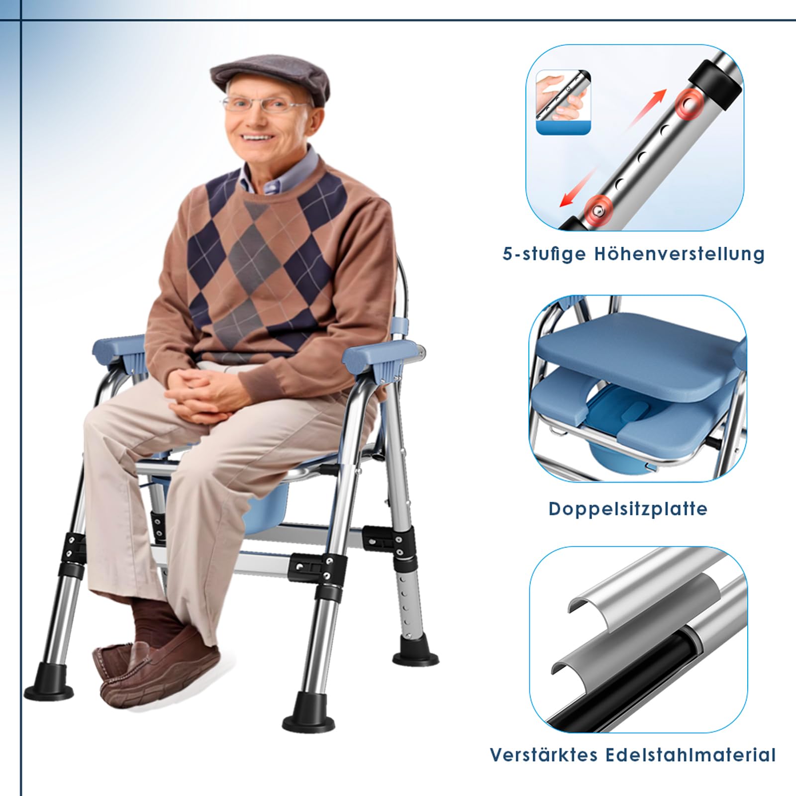 Toilettenstuhl für Senioren,Tragbar duschrollstuhl höhenverstellbar, WC Stuhl mit gepolsterter Sitzplatte und Toiletteneimer, Duschstuhl Klappbarer Stabil,Tragfähigkeit 200kg (CY-KJ6201)