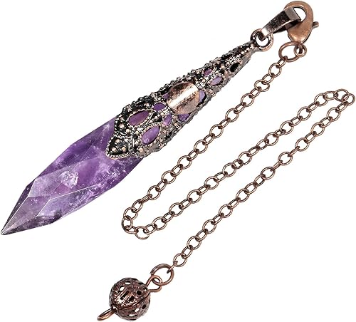 Miniatura 12 de Rockcloud Péndulo de cristal de roca natural, péndulo de cristal de chakra, péndulo para adivinación, kit de meditación de equilibrio Wicca de cobre