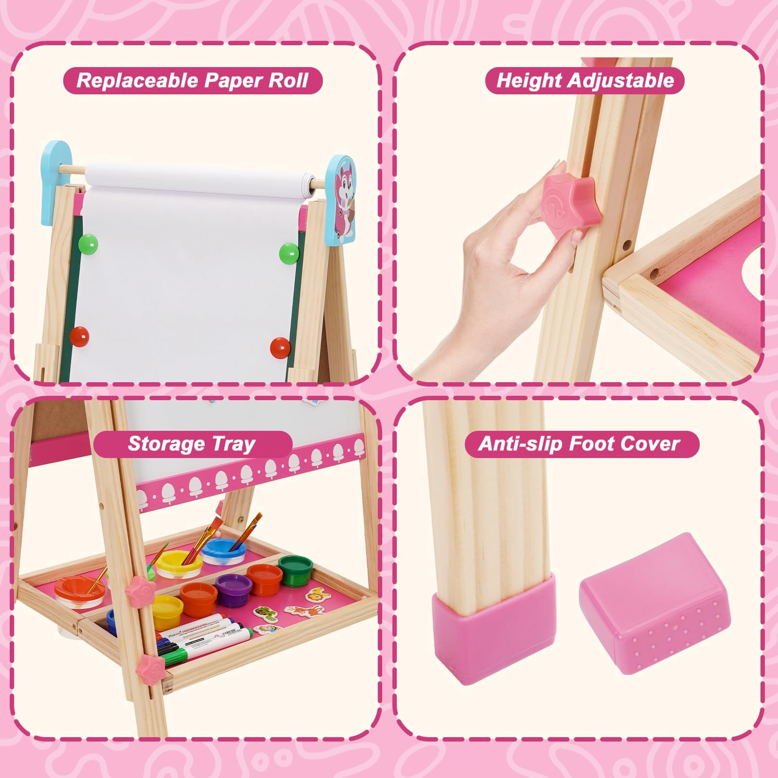 Malarz dla dzieci 3 w 1 Dwustronna tablica do rysowania Tablica dla dzieci z rolką papieru, tablicą suchościeralną i tablicą Regulowana wysokość 95-125 cm typu wszystko w jednym z 99 akcesoriami