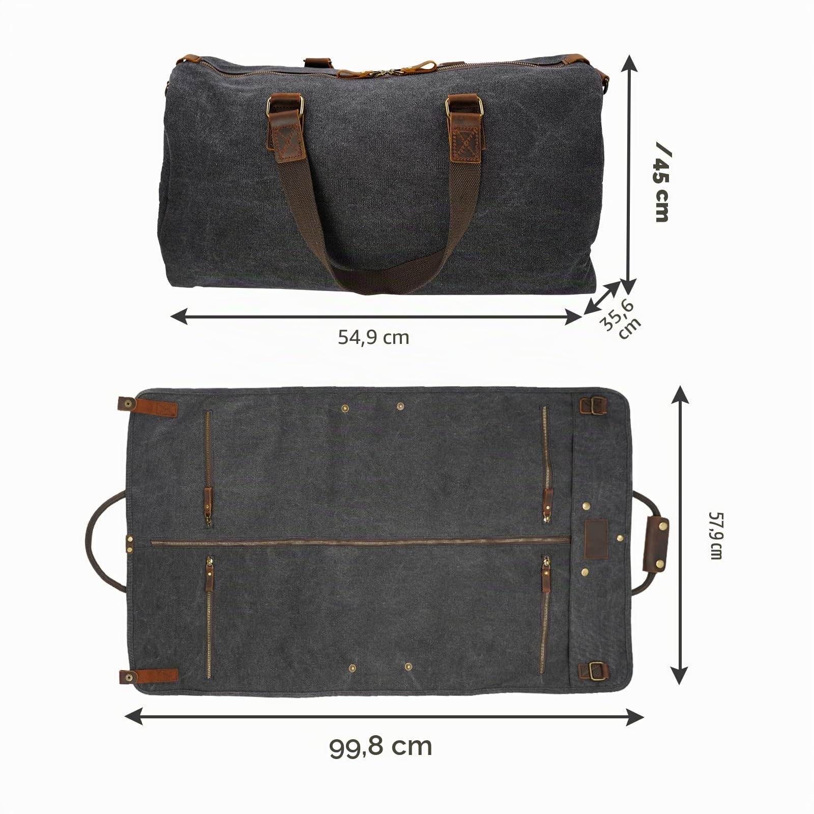 2 in 1 Canvas Leder Anzuggepäck Kleidersack mit Schultergurt für Reisen und Geschäftsreisen Schwarz American Casual