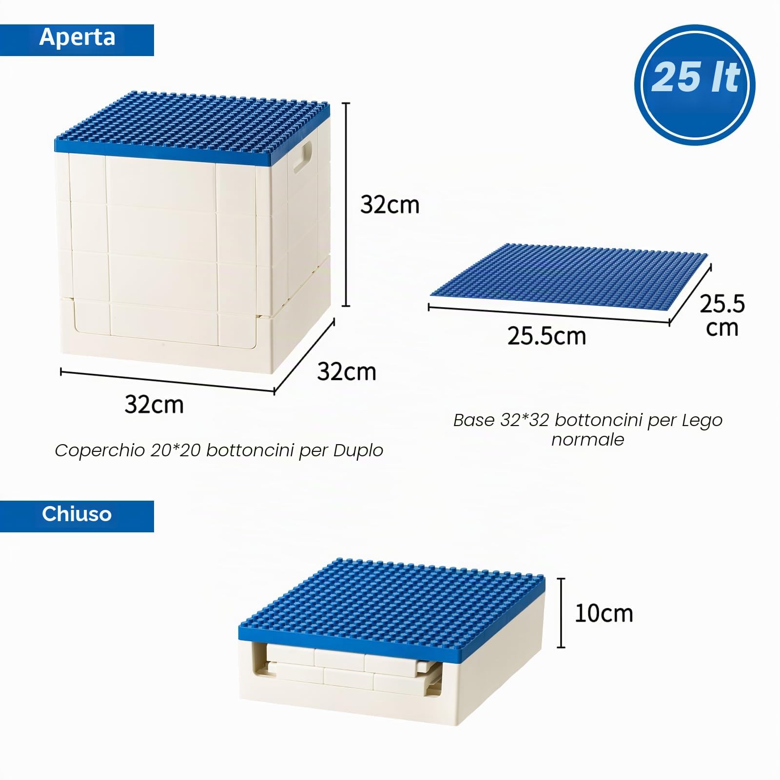 SHIMOYAMA Scatola pieghevole per la conservazione con coperchio a piastre di base per blocchi Duplo, 26Qt. Contenitori impilabili, 25L contenitore multiuso pieghevole per mattoncini Lego Duplo (Blu)