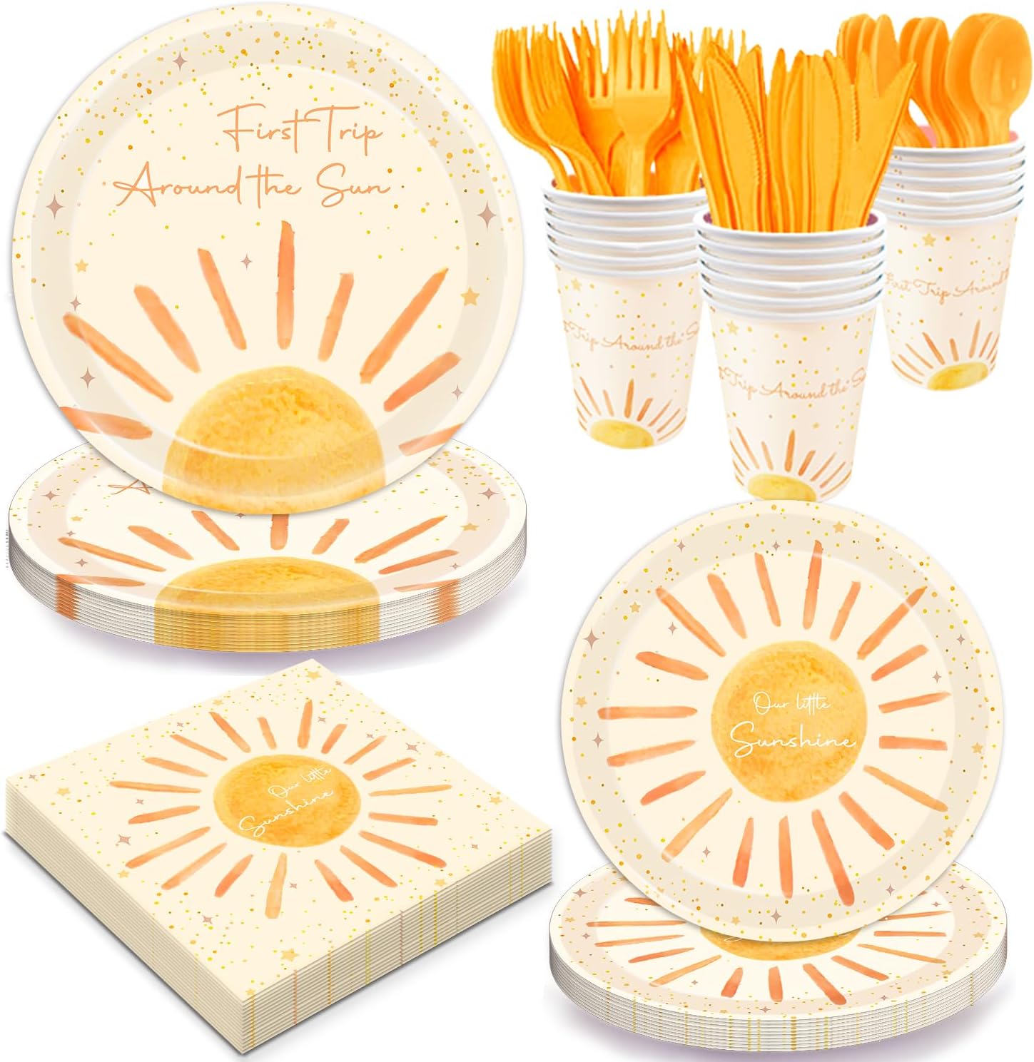 168Pcs Boho First Trip Around The Sun Birthday Decorations- Boho Party Set with Bohemian Hippie Sunshine Theme Party Tableware Decorations Including Plates,Cups,Napkins,Baby Shower Party for 24 Guests