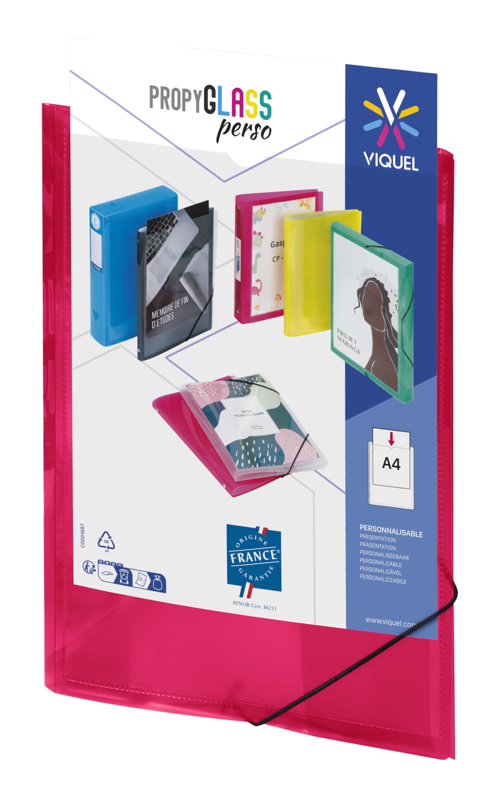 Viquel - Plastic Folder with Elastic - Customisable Pocket - A4 Size - High Quality - Made in France - Translucent Raspberry red