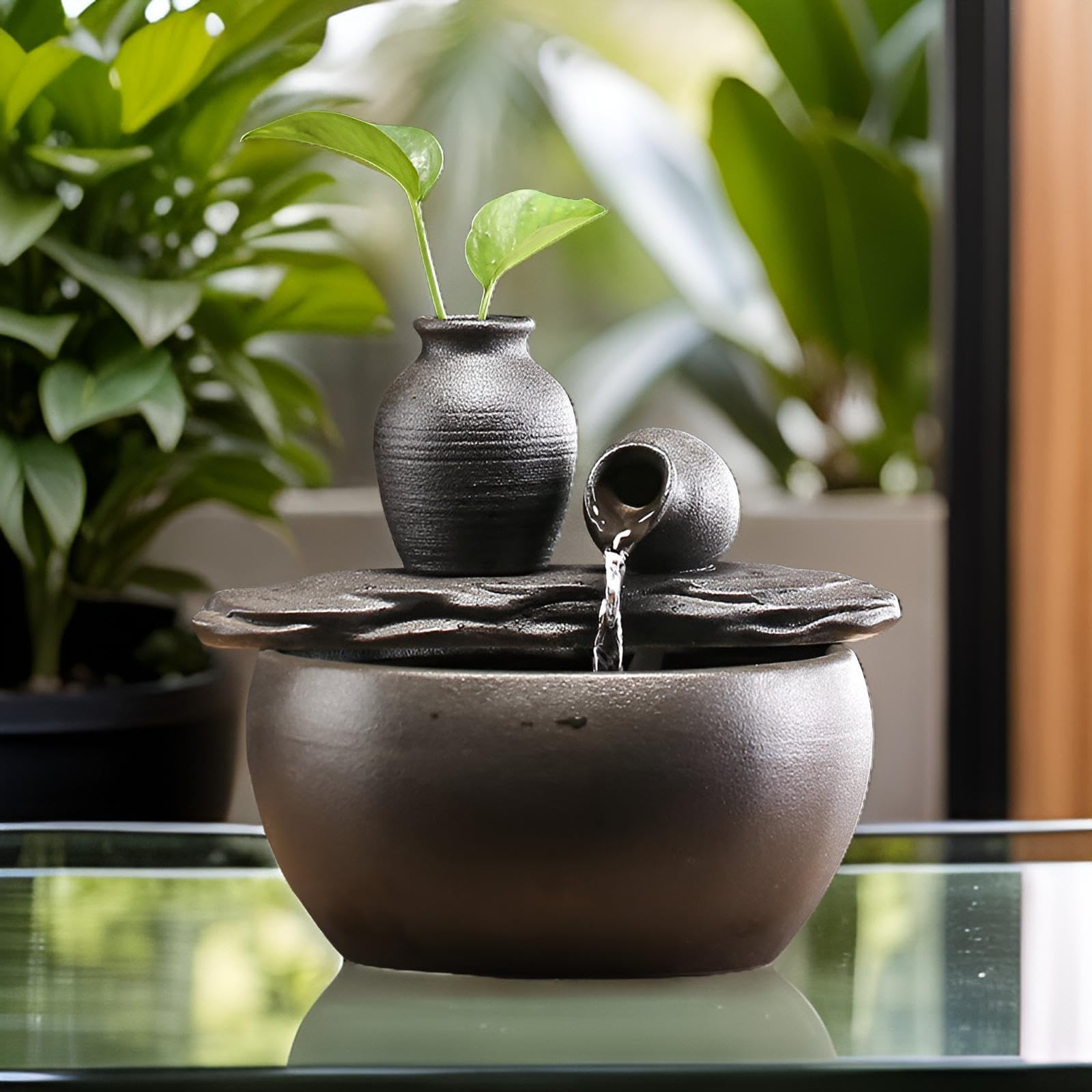 Fuente de mesa con acuario decorativo, fuente de agua con cascada, de cerámica, diseño de pez, con acuario decorativo, bomba de agua, Zen, decoración para salón, oficina, jardín, 21 x 18 x 19 cm