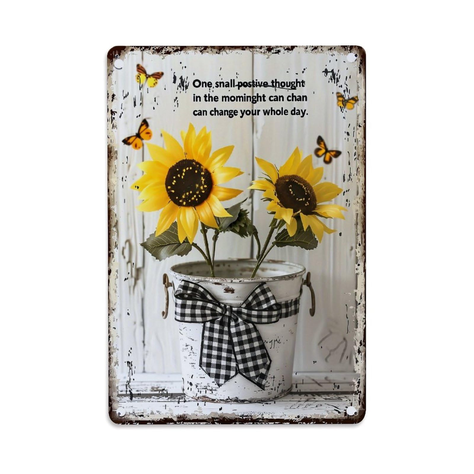 Jdyaojiesheng Vintage Sunflower Butterflies Bucket Bow Pattern Tin Sign Retro Metal Wall Decor Metal Poster, Home Bar Garage Farmhouse Cafe Wall Art Decoration 8X12inches