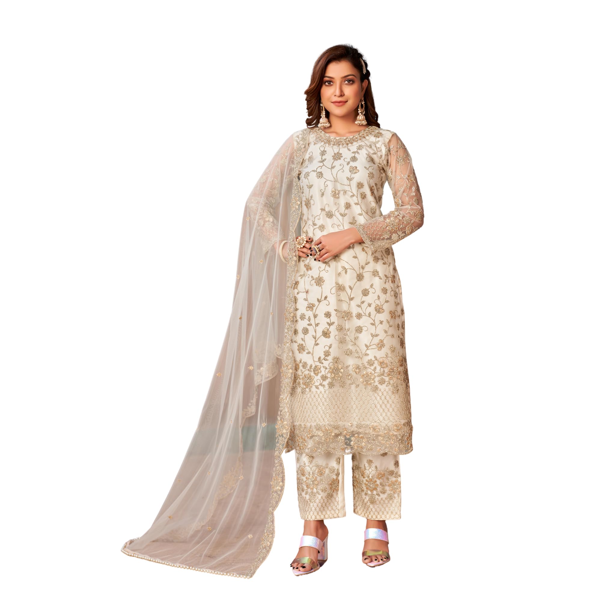 Elegant Pakistani Soft Net Embroidered Palazzo Suit with Dupatta for Wedding Festive Dresses