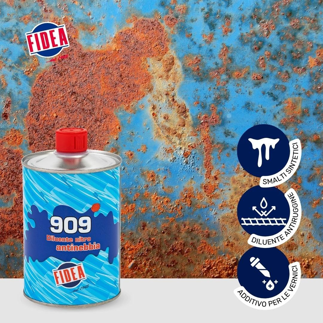 Fidea Diluente Nitro Antinebbia 909, solvente per vernice e smalti, detergente per pennelli pulizia aerografi e pistole per verniciatura, professionale, diluizione smalti e vernici nitro (500 ML)