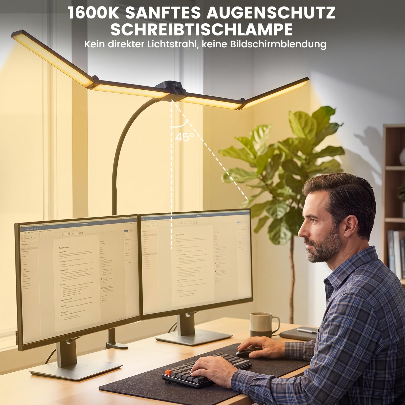 100cm LED Schreibtischlampe Klemmbar mit 4 Leuchtköpfen Dimmbar | 1800LM Augenschutz Tageslichtlampe, 360° Verstellbar Schwanenhals Tischlampe für Büro Zuhause Architekten Zeichnen Schwarz