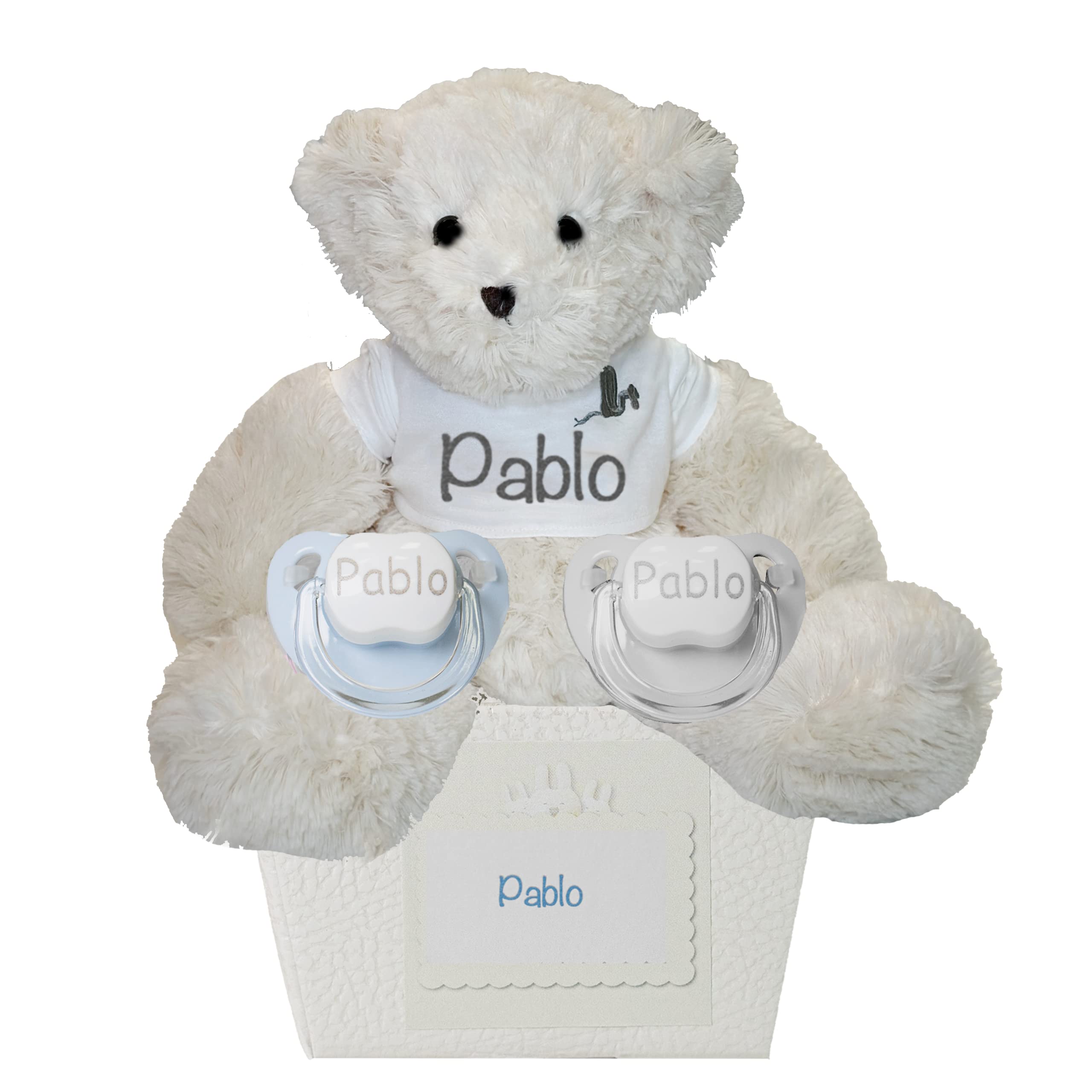 BebeDeParis. Precioso Regalo para Bebé: Chupete Personalizado con Nombre (2 Unidades), 0-6 Meses, Tetina de Silicona Libre de BPA y Oso de peluche. Incluye Caja Italiana Personalizada