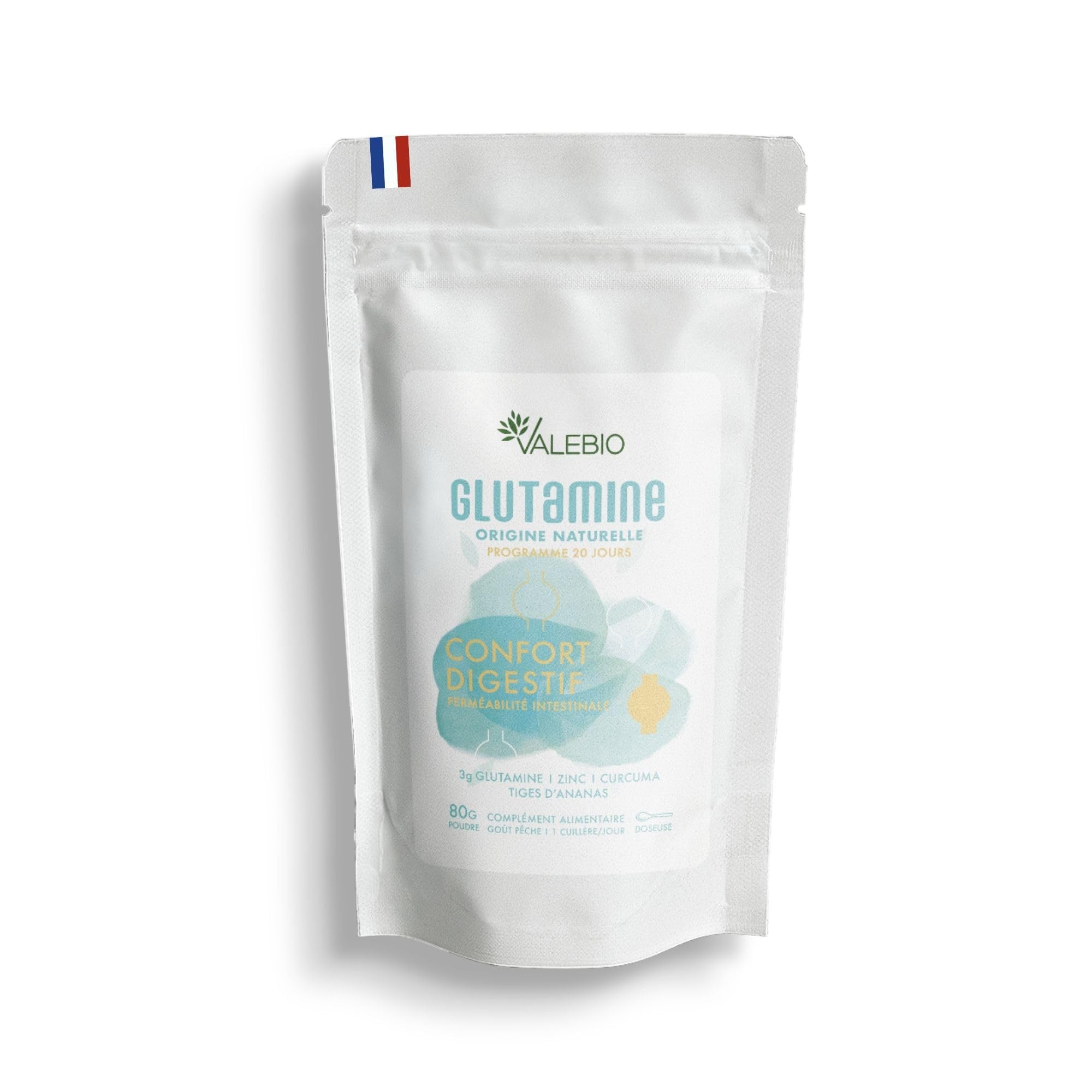 L Glutamine | 3 000mg/dose | Récupération musculaire et santé intestinale | Anti inflammatoire (curcuma & zinc) | Goût pêche, vegan et made in France | 100 g poudre | Valebio