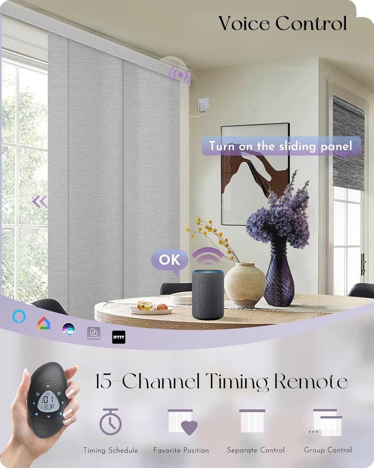Graywind Motorized Sliding Panel Blinds Light Filtering Compatible with Alexa Google Smart Custom Panel Track Blinds Remote Control for Patio Sliding Door (Dimout Jacquard Grey)